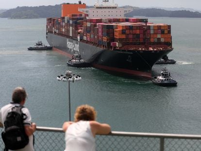 A cargo ship traverses the Panama Canal in January.