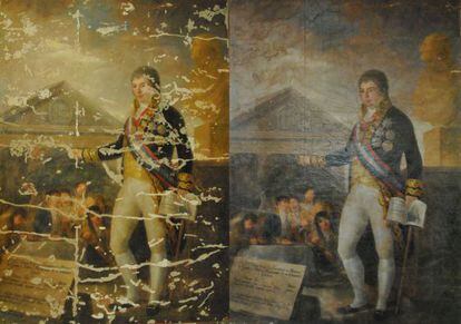 Agustín Esteve and Marqués' copy of Goya's 'Godoy. Protector de la instrucción,' in successive phases of restoration.