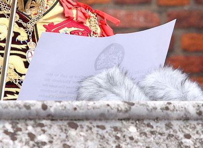 A closeup of the proclamation that the King of Arms of the Order of the Garter read from the St. James's Palace balcony. 