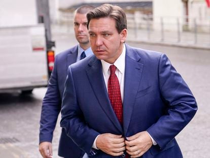 Florida Republican Gov. Ron DeSantis arrives at the Foreign Office to visit Britain's Foreign Secretary in London, Friday, April 28, 2023.