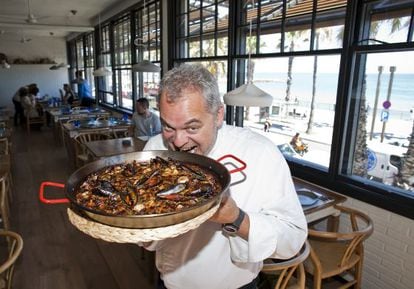 Chef Xavier Pellicer with one of his dishes at the Barraca restaurant in Barcelona.