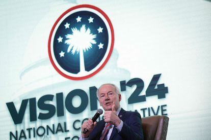 Former Arkansas Governor Asa Hutchinson speaks at the Vision 2024 National Conservative Forum in Charleston, South Carolina, on March 18, 2023,