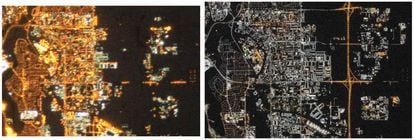 On the left, an image of eastern Calgary, Canada, taken by astronauts on the International Space Station in 2010. On the right, the same area in 2021. The change from amber to blue is due to the deployment of outdoor lighting with technology LEDs.