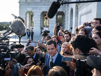 Matt Gaetz, the radical Republican who filed the motion to remove House Speaker Kevin McCarthy, surrounded by reporters outside the Capitol on October 3.