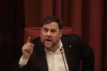 Catalan Republican Left president Oriol Junqueras speaks at the investigation commission in parliament on Tuesday.