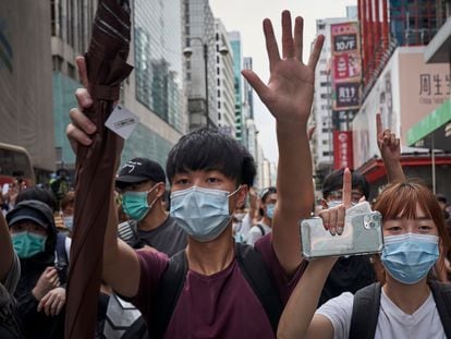 Protesters demonstrate against the national security law in Hong Kong.