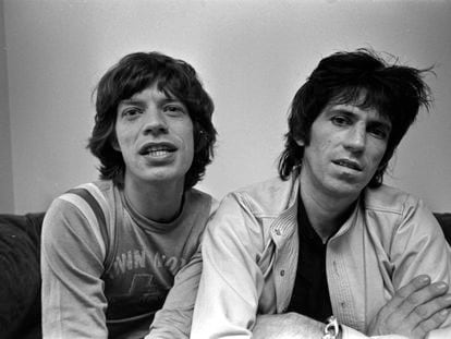 Mick Jagger and Keith Richards in the offices of Rolling Stones Records in New York in 1977.