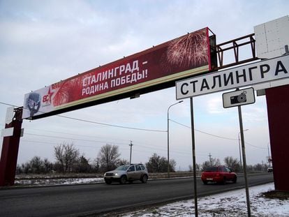 A sign in the Russian city of Volgograd welcoming visitors to Stalingrad, its former name.