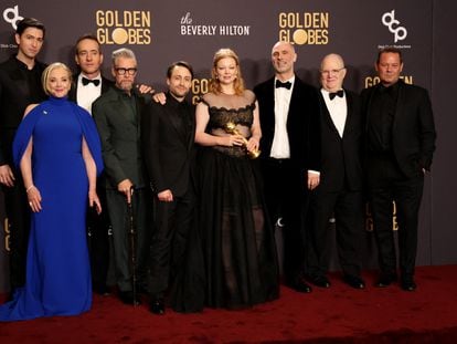 Succession's Jesse Armstrong, Sarah Snook, Kieran Kulkin, J. Smith Cameron, Alan Ruck and Nicholas Braun at the 2024 Golden Globe Awards at the Beverly Hilton Hotel in Los Angeles on January 7, 2024.