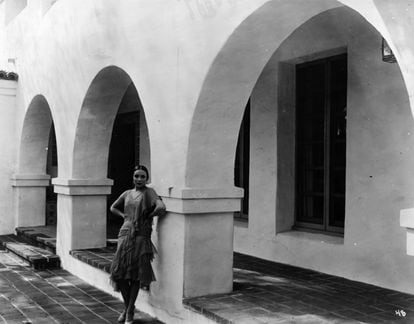 Dolores del Rio in the courtyard of her Hollywood home in the mid-1930s.