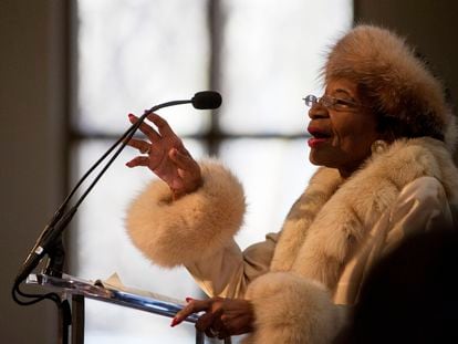Christine King Farris, sister of the Rev. Martin Luther King Jr. speaks at the King holiday commemorative service at Ebenezer Baptist Church, the church where King preached, Jan. 19, 2015, in Atlanta.