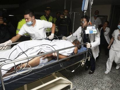 Chapecoense player Alan Ruschel arrives at a hospital in La Ceja, Colombia