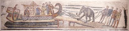 A mosaic portrays an elephant being led aboard a ship, from a collection belonging to the Baden State Museum in Southwest Germany.