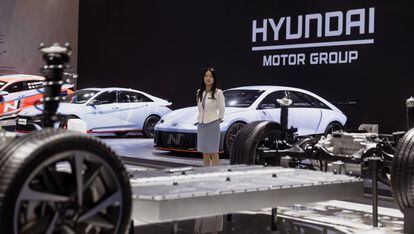 A woman stands at the Hyundai booth at the China International Import Expo in Shanghai, China, 05 November 2023