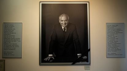 A portrait of the late Mikhail Gorbachev adorned with a somber black ribbon hangs on the wall of his foundation in Moscow.