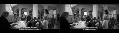 Frames from the two different subtitle versions of ‘Roma.’