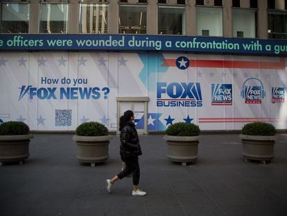 An advertisement for Fox News outside the News Corp. building in New York, US, on Thursday, March 9, 2023.