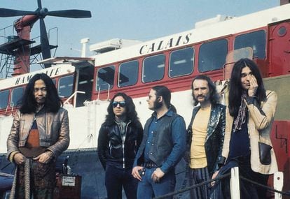 Damo Suzuki, Jaki Liebezeit, Irmin Schmidt, Holger Czukay and Michael Karoli (l to r), members of the seminal krautrock band Can. 

