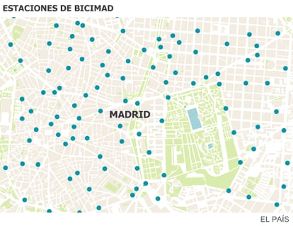 The location of the bike stations in Madrid.