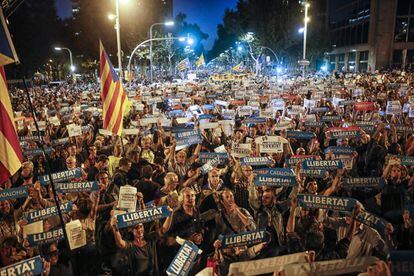 A protest in Barcelona against the arrest of two of the Catalan separatist leaders.