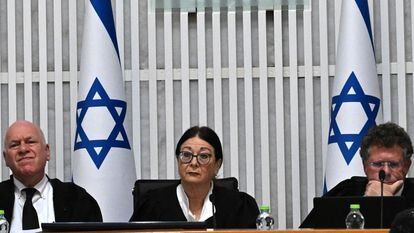 President of the Supreme Court Esther Hayut (C) attends a session with all fifteen justices to hear petitions against the reasonableness standard law in the High Court in Jerusalem, 12 September 2023.