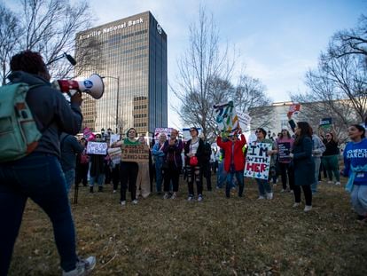 People gather in Amarillo, Textas, on Saturday, February 11, 2023, to protest a lawsuit to ban the abortion drug mifepristone.