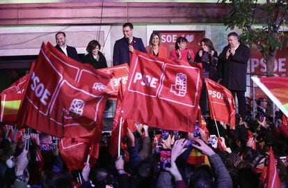 Pedro Sánchez celebrates the election results at the Socialist headquarters in Madrid.