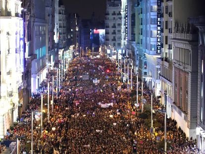 Gran Via during the feminist demo on March 8 in Madrid.