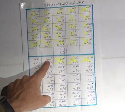 Video capture by the Israeli forces that supposedly shows the list of names of Hamas militants in charge of looking after the Israeli hostages each day in the Al Rantisi hospital. The "names" in each box are the days of the week.