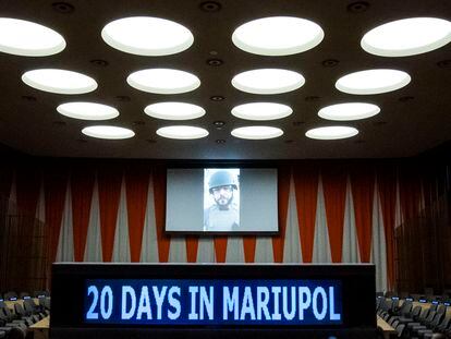 Associated Press journalist Mstyslav Chernov delivers a video message from the field in Ukraine before the screening of the award-winning documentary "20 Days in Mariupol" at the United Nations headquarters, Monday, Sept. 11, 2023