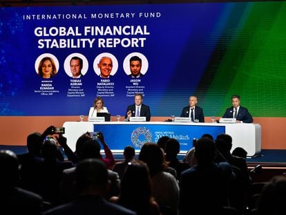 A press conference on the second day of the annual meetings of the IMF and the World Bank Group in Marrakesh, Morocco, 10 October 2023.
