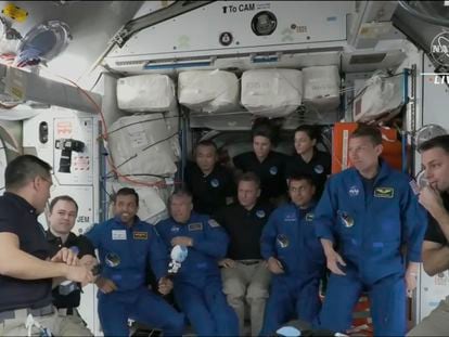 In this image from NASA TV, the four astronauts gather, during the welcoming ceremony, on the International Space Station, Friday, March 3, 2023.