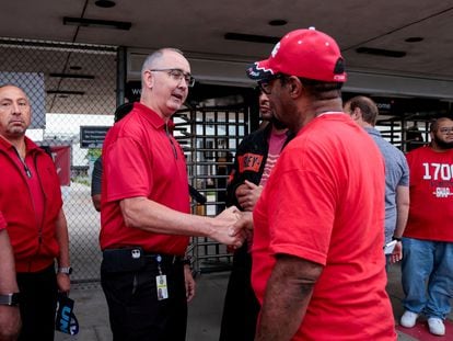 UAW President Shawn Fain, at the Stellantis Sterling Heights Assembly Plant, Michigan, U.S. July 12, 2023.