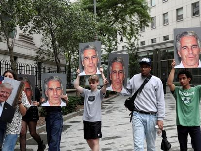 Demonstrators protesting against Jeffrey Epstein outside a New York court in an image from July 2019.