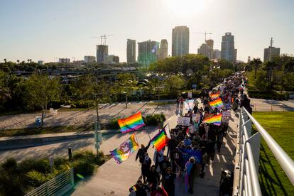Marchers make their way toward the St. Pete Pier in St. Petersburg, Fla