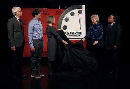 The 'Doomsday Clock' at its revealing on Tuesday.