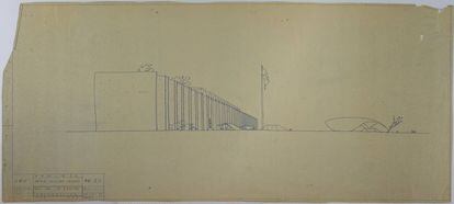 A sketch of the Army Headquarters, in Brasilia, designed by Oscar Niemeyer.