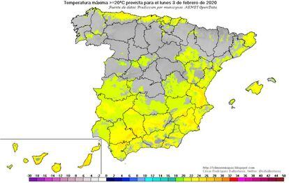 Areas in Spain forecast to have a temperature equal to or above 20ºC.