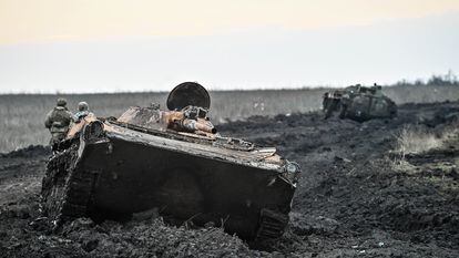 Military equipment destroyed near Robotine, Ukraine's Zaporizhzhia region, in February 2024.