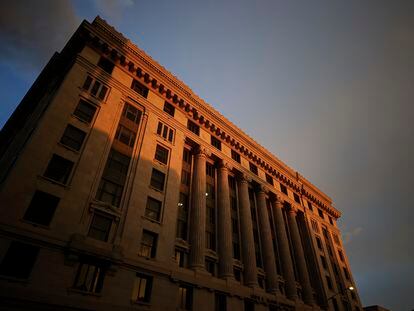The sun sets on the Fulton County Courthouse, Monday, Aug. 14, 2023, in Atlanta.
