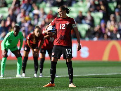 Sinclair, before taking the penalty kick against Nigeria that could have made her a record goalscorer in six different World Cups.