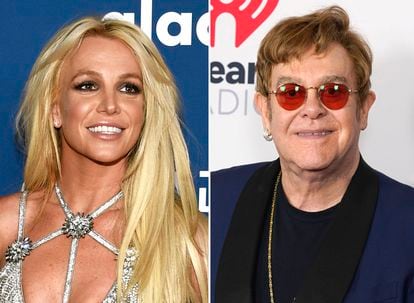 Britney Spears in 2018 and Elton John in 2021.