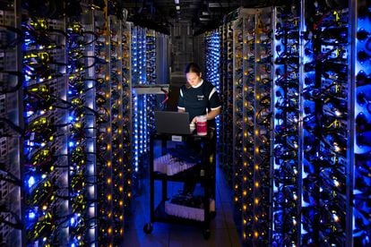 An operator performs work at the Google data center in The Dalles, Oregon