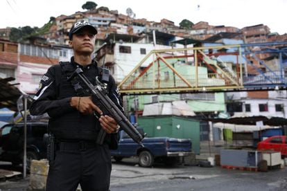 A member of the National Police on patrol in Caracas, Venezuela, on July 9, 2021. 
