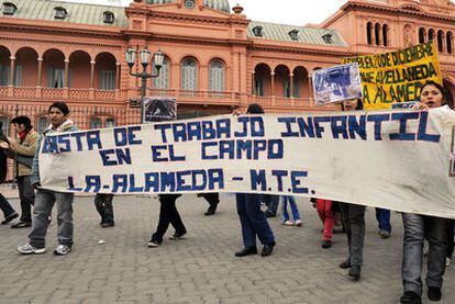 A group from the cooperative La Alameda, which has long  denounced virtual slavery on Argentinean farms.