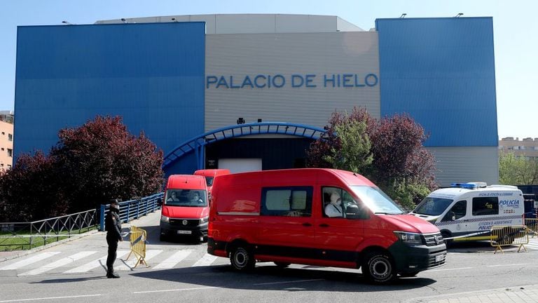 The bodies of coronavirus victims are brought to Madrid’s Palacio de Hielo, an ice rink that has been converted into a temporary morgue.