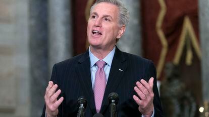 Speaker of the House Kevin McCarthy, R-Calif., speaks during a news conference in Statuary Hall at the Capitol in Washington, Jan.12, 2023.