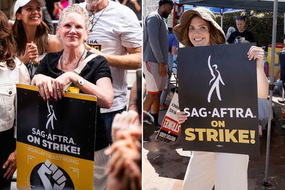 Melissa Gilbert and Mandy Moore during the actors union protests. Gilbert in New York, New York, on August 3, 2023. Moore in front of the Disney studios in Burbank, California, on July 14.