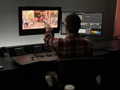 One of the colorists at the Company 3 studio reviews a scene he is working on.