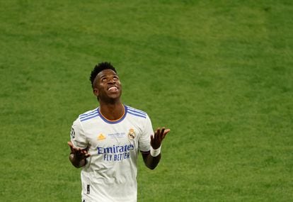 Vinicius celebrates his goal in the final against Liverpool on May 28 in Paris.